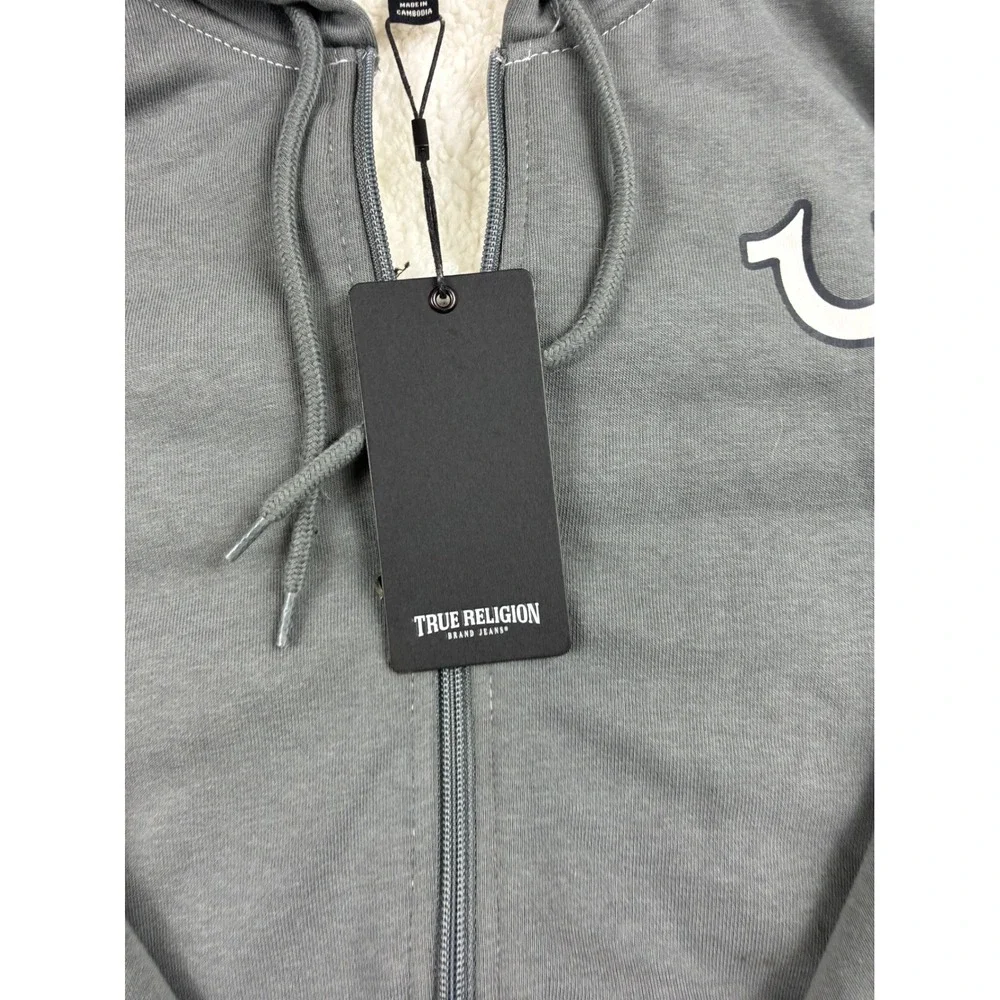 True Religion Mens Sherpa Lined Hoodie Gray Buddha Guitar Graphic ZipUp Jacket M